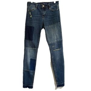 Tractr Blu stretch, patchwork, distressed Stretch Jeans with Unfinished Hem
